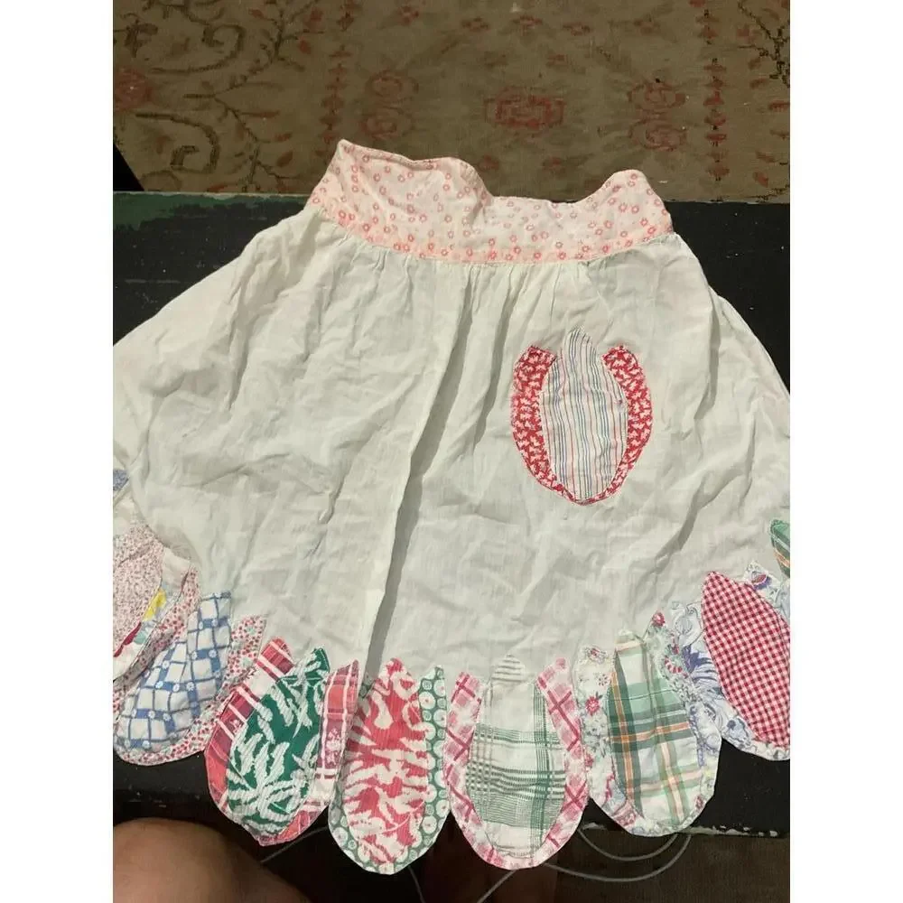 Vintage White Cotton  Patchwork Apron with Multicolor Patchwork Detail